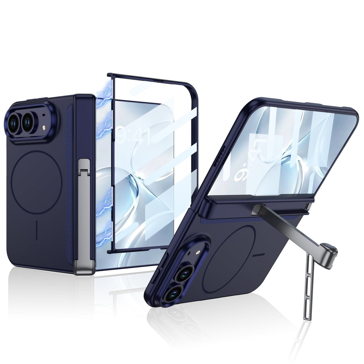 iPhone Duo - Magnetic Hinge Protection Business Cover Built-in Tempered Glass Film & Tri‑Fold Kickstand & Magnetic Ring