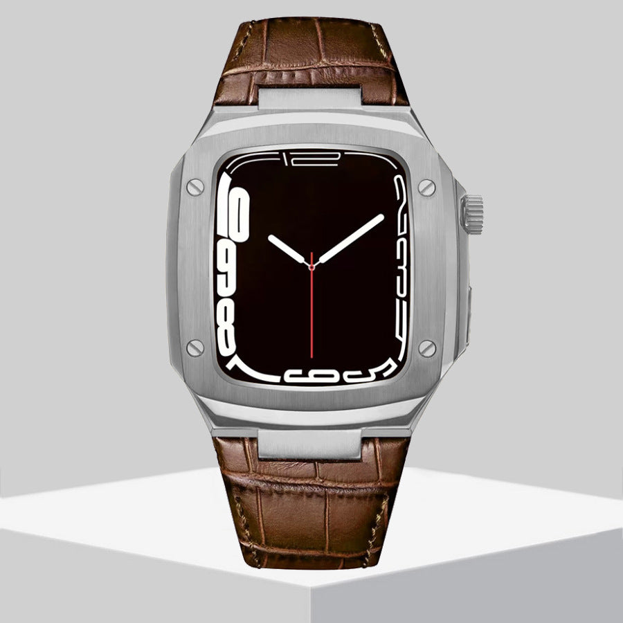 Luxury Metal Case Leather Strap For Apple Watch Series 44/45 mm - Mycasety Mycasety