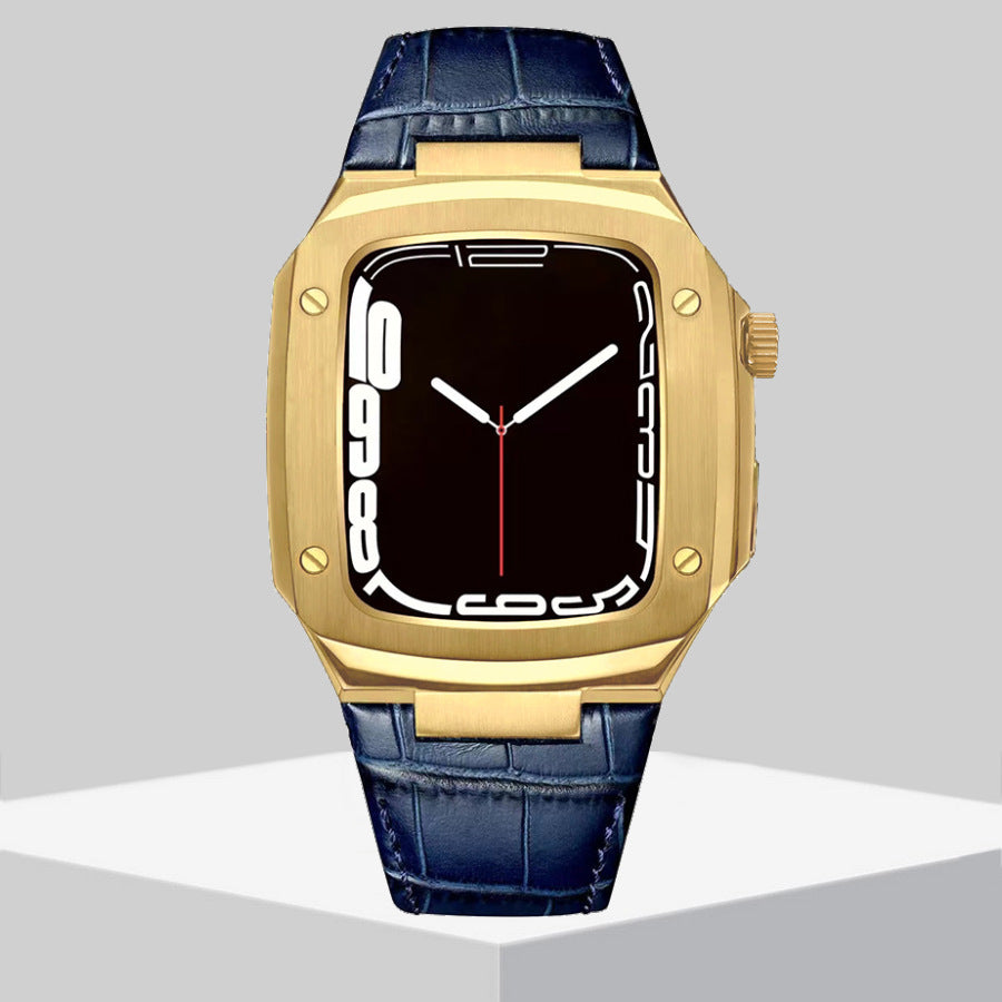 Luxury Metal Case Leather Strap For Apple Watch Series 44/45 mm - Mycasety Mycasety
