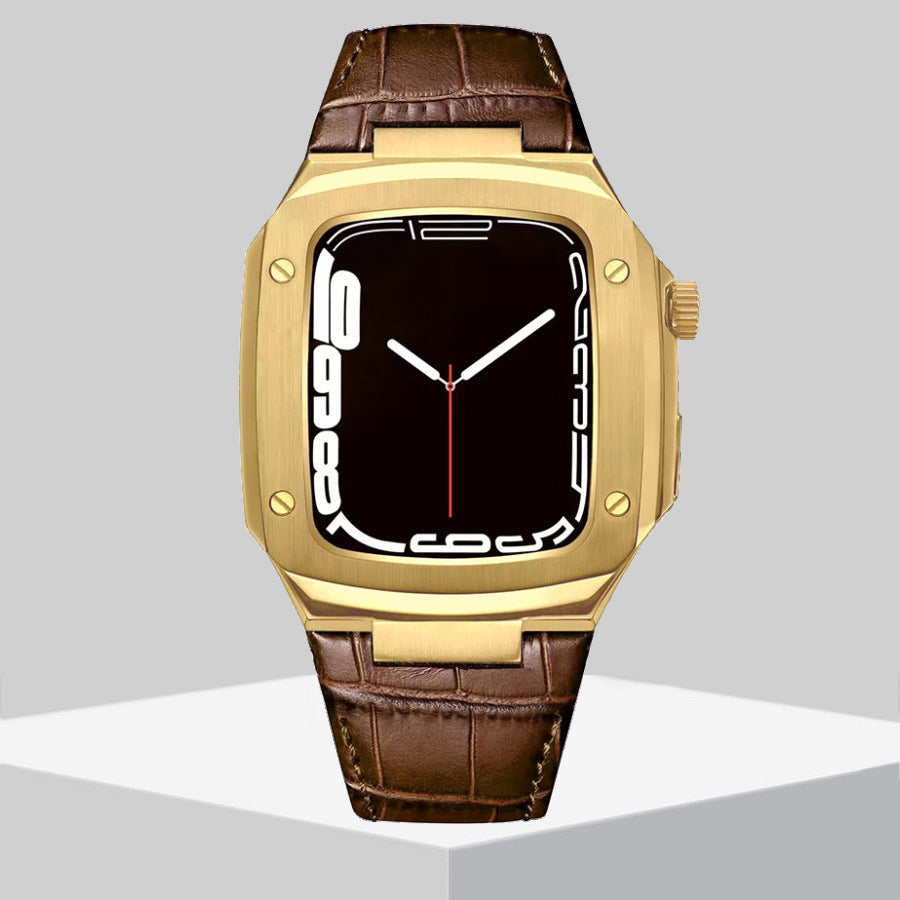 Luxury Metal Case Leather Strap For Apple Watch Series 44/45 mm - Mycasety Mycasety