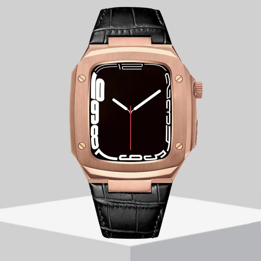 Luxury Metal Case Leather Strap For Apple Watch Series 44/45 mm - Mycasety Mycasety