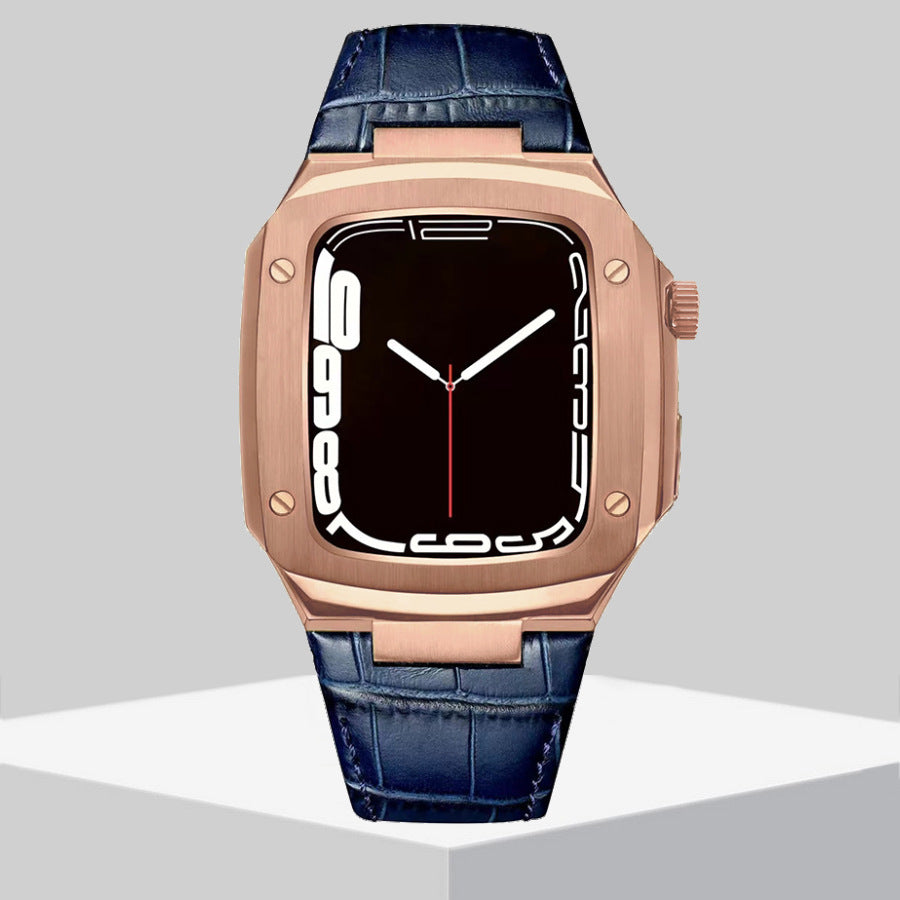 Luxury Metal Case Leather Strap For Apple Watch Series 44/45 mm - Mycasety Mycasety