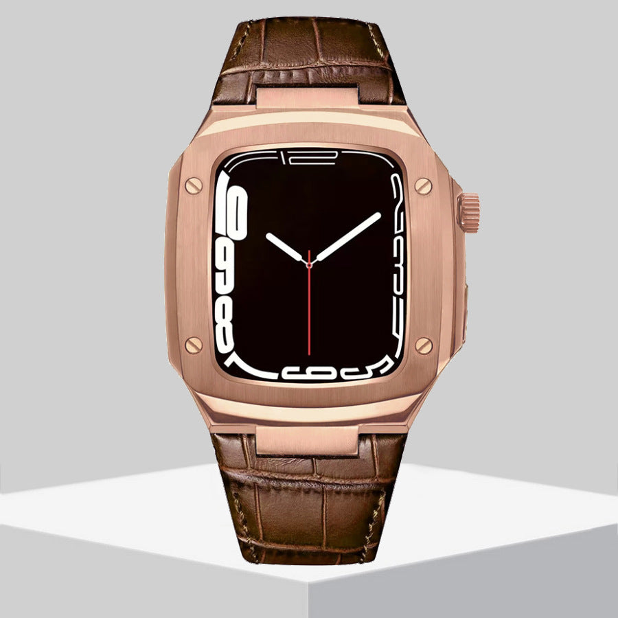 Luxury Metal Case Leather Strap For Apple Watch Series 44/45 mm - Mycasety Mycasety