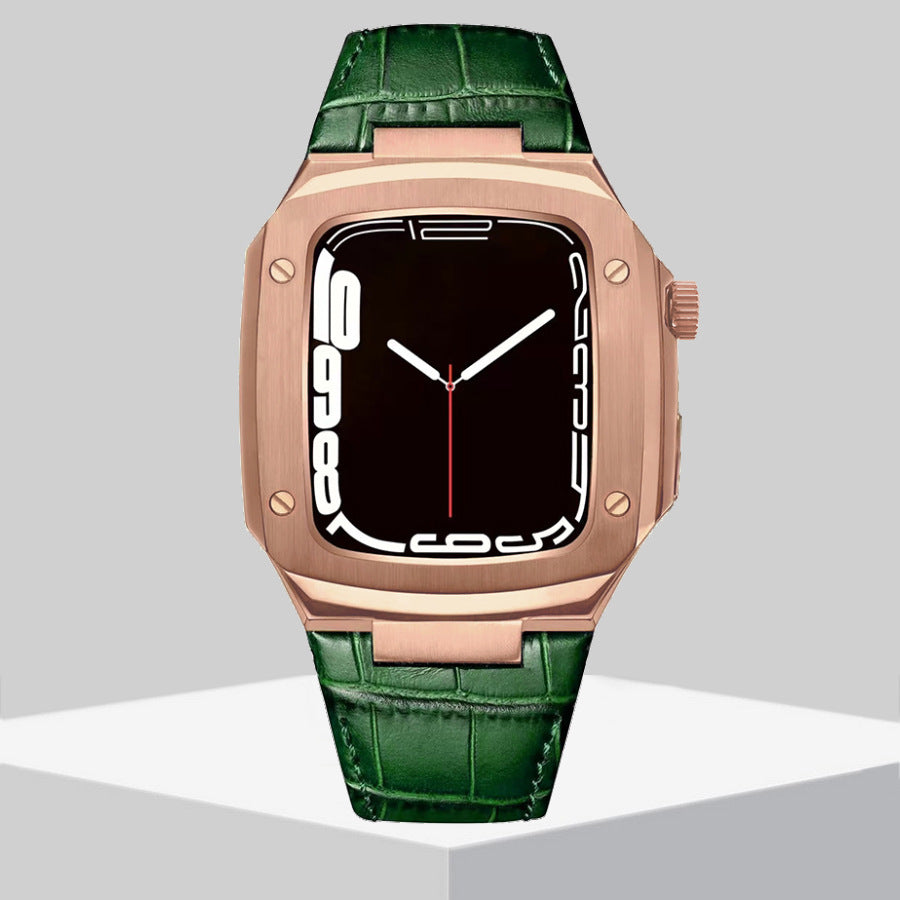 Luxury Metal Case Leather Strap For Apple Watch Series 44/45 mm - Mycasety Mycasety
