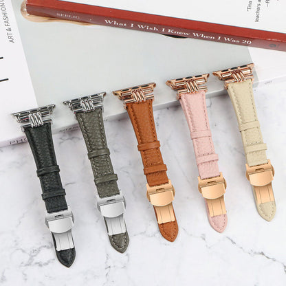 Pebbled Leather Metal Butterfly Buckle Apple Watch Band