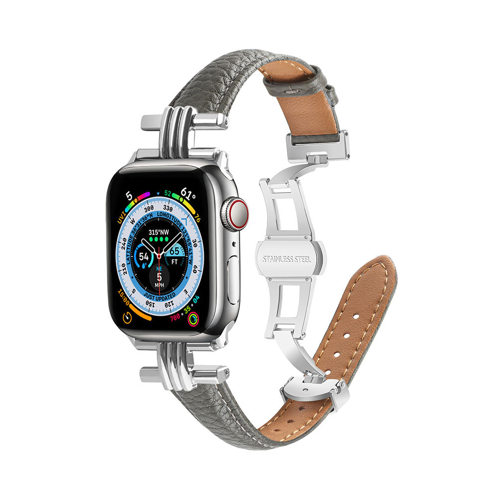 Pebbled Leather Metal Butterfly Buckle Apple Watch Band