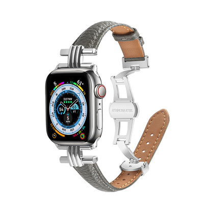 Pebbled Leather Metal Butterfly Buckle Apple Watch Band