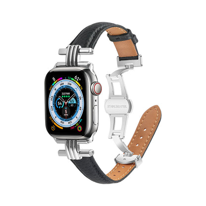 Pebbled Leather Metal Butterfly Buckle Apple Watch Band