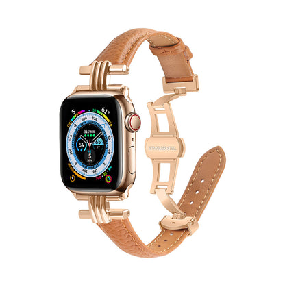 Pebbled Leather Metal Butterfly Buckle Apple Watch Band