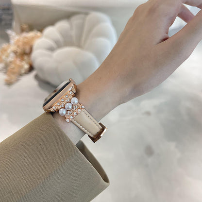 Fashion Calfskin Wrist Strap Pearl Set Diamond Apple Watch Band