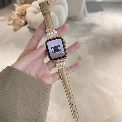 Fashion Calfskin Wrist Strap Pearl Set Diamond Apple Watch Band