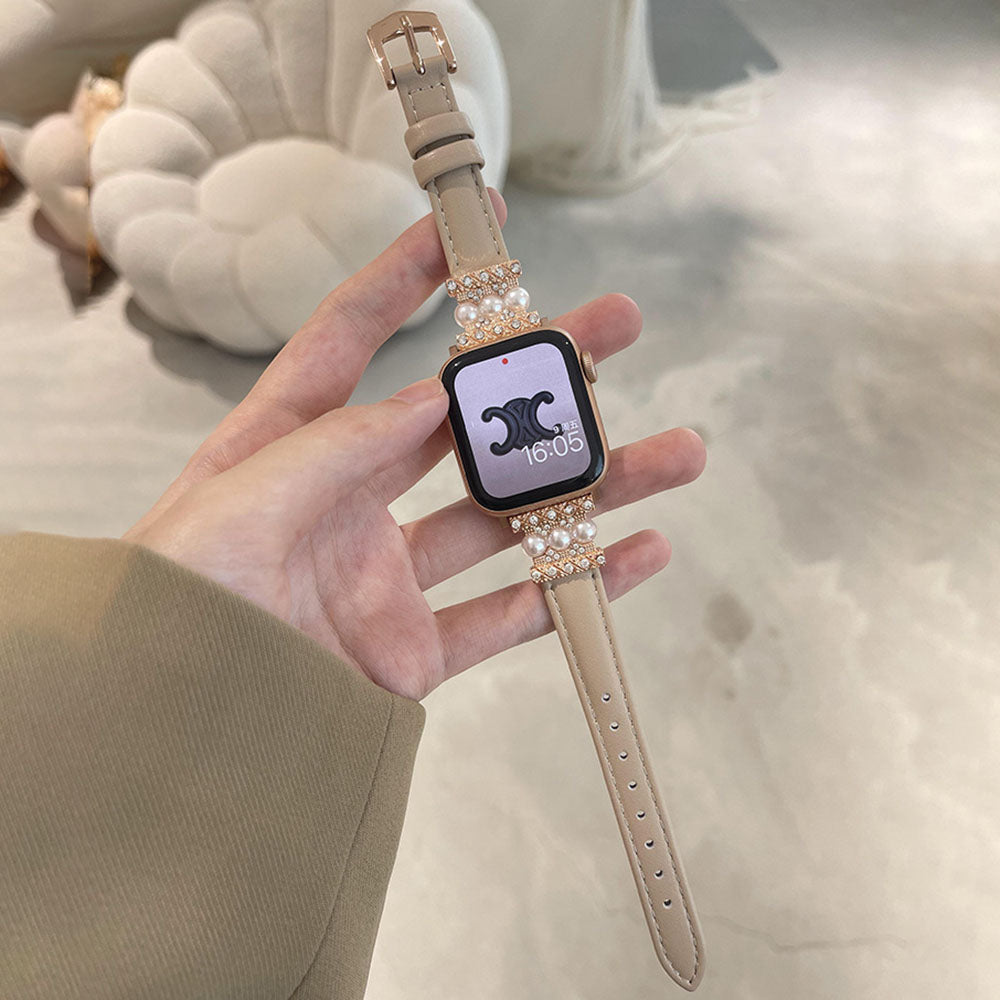 Fashion Calfskin Wrist Strap Pearl Set Diamond Apple Watch Band