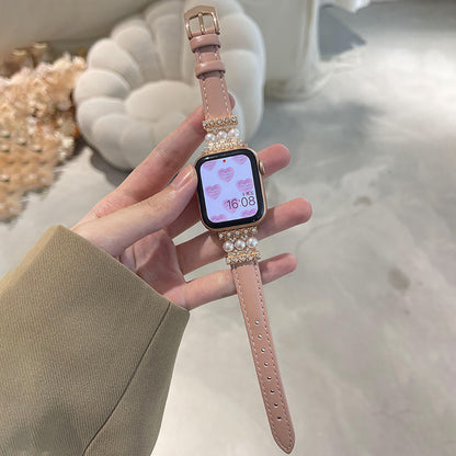 Fashion Calfskin Wrist Strap Pearl Set Diamond Apple Watch Band