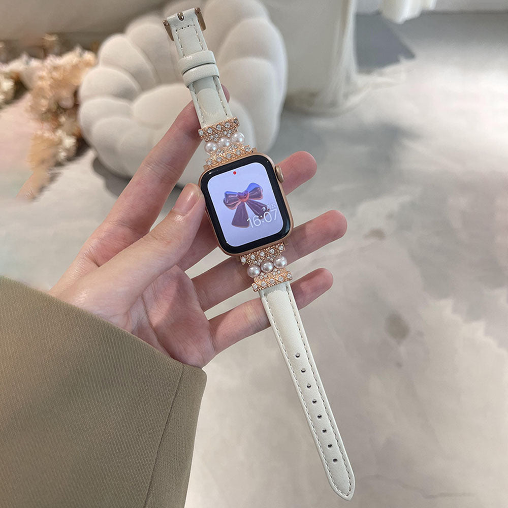 Fashion Calfskin Wrist Strap Pearl Set Diamond Apple Watch Band