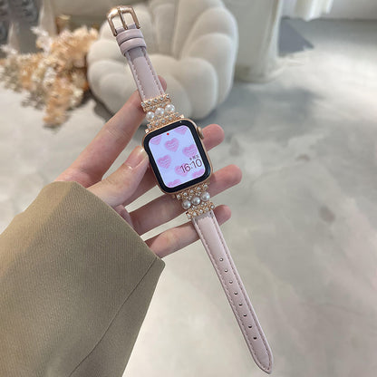 Fashion Calfskin Wrist Strap Pearl Set Diamond Apple Watch Band