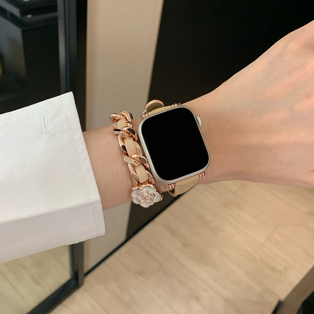 Camellia Double Ring Rhombus Leather Apple Watch Band