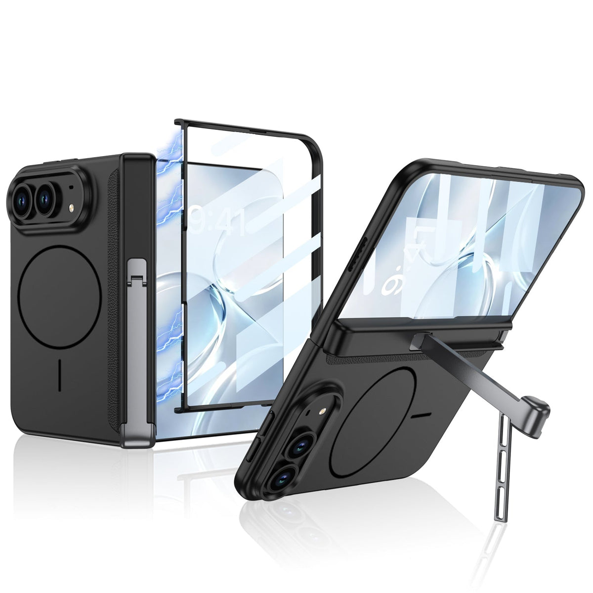iPhone Duo - Magnetic Hinge Protection Business Cover Built-in Tempered Glass Film & Tri‑Fold Kickstand & Magnetic Ring