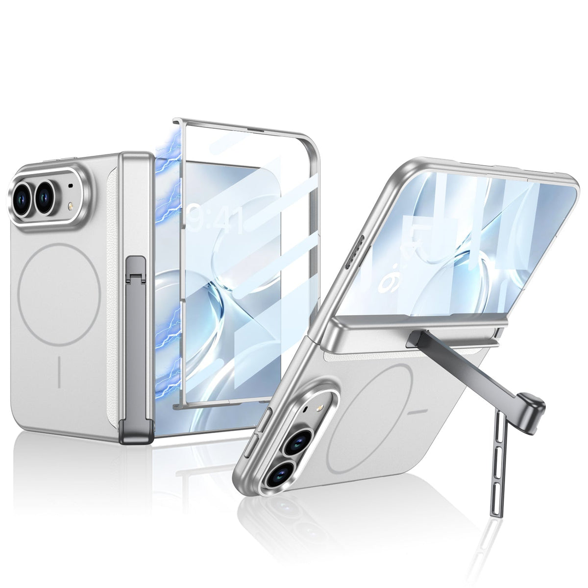 iPhone Duo - Magnetic Hinge Protection Business Cover Built-in Tempered Glass Film & Tri‑Fold Kickstand & Magnetic Ring
