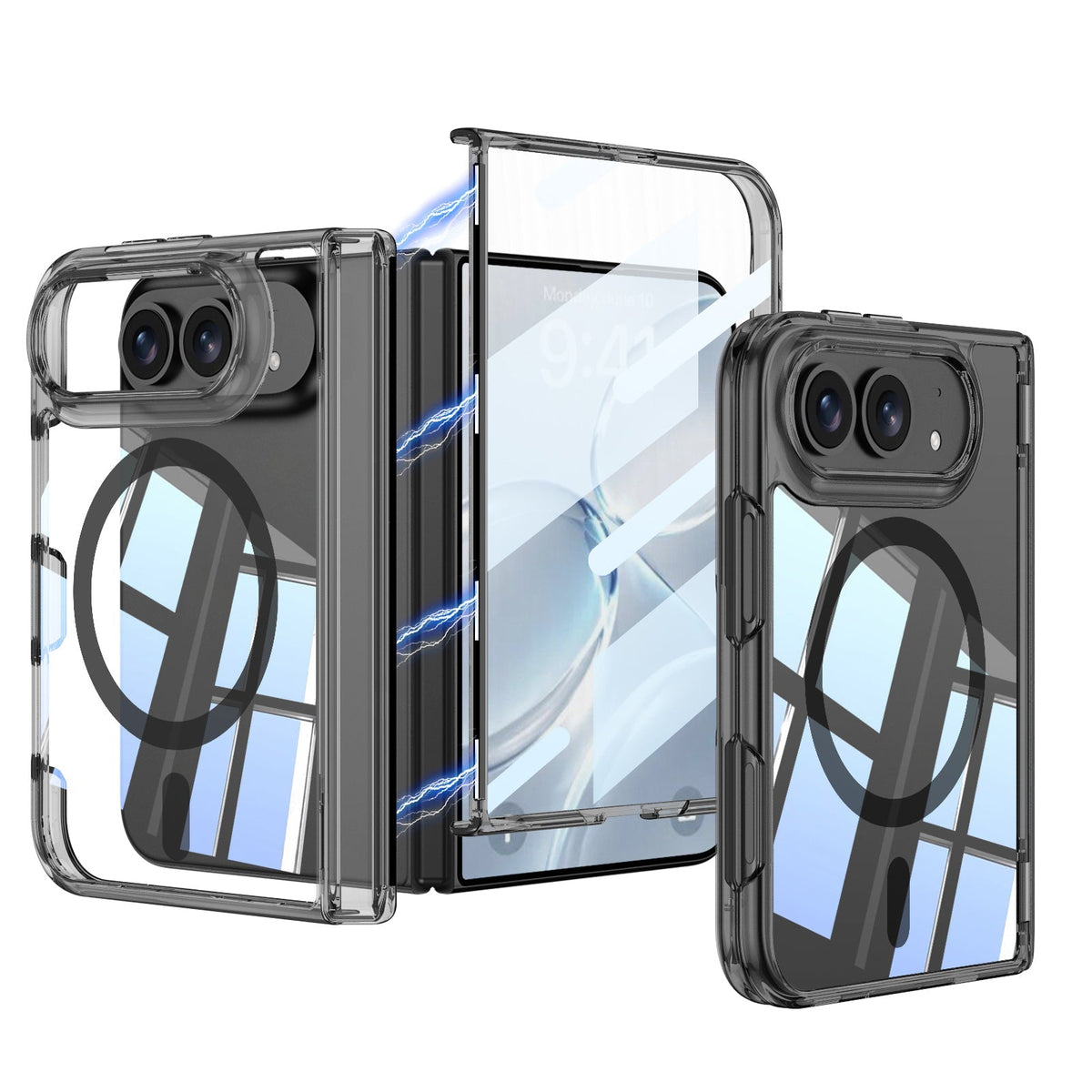 iPhone Duo - Magnetic Hinge Protection Clear Cover Built-in Tempered Glass Film & Magnetic Ring
