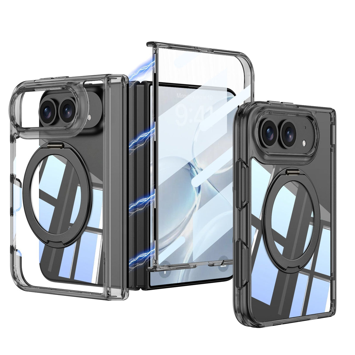iPhone Duo - Magnetic Hinge Protection Clear Cover Built-in Tempered Glass Film & 360° Rotatable Magnetic Ring Kickstand