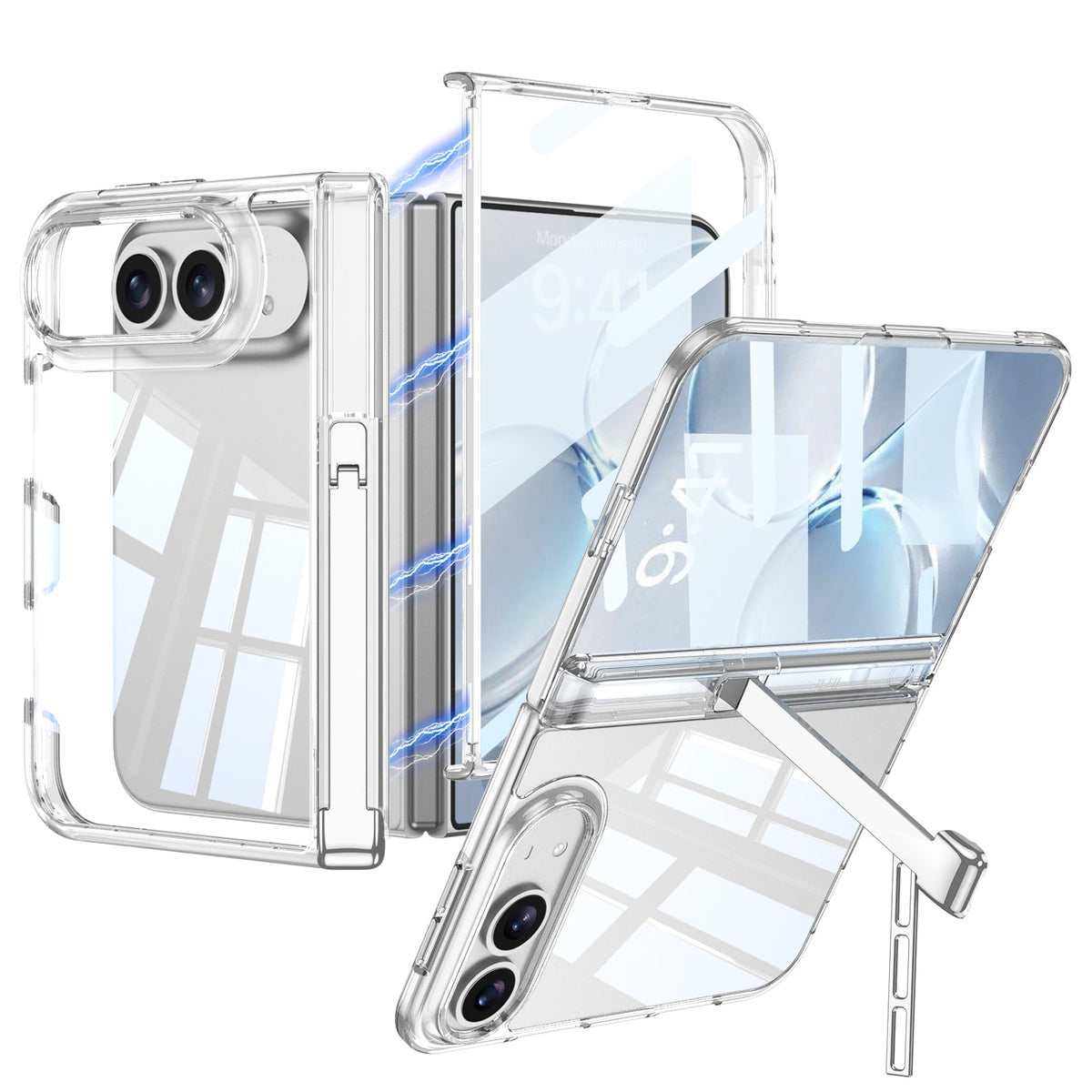 iPhone Duo - Magnetic Hinge Protection Clear Cover Built-in Tempered Glass Film & Tri‑Fold Kickstand