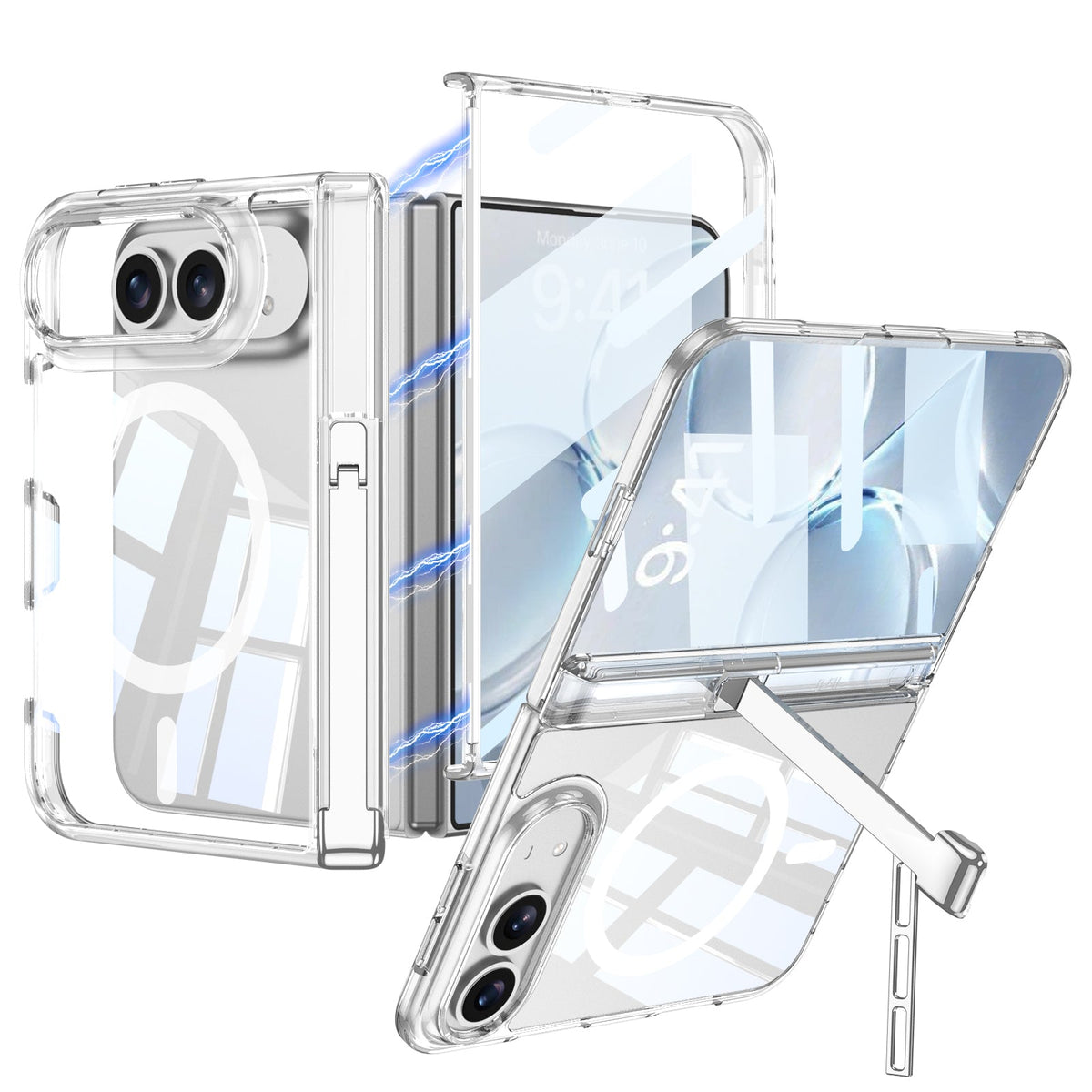 iPhone Duo - Magnetic Hinge Protection Clear Cover Built-in Tempered Glass Film & Tri‑Fold Kickstand & Magnetic Ring