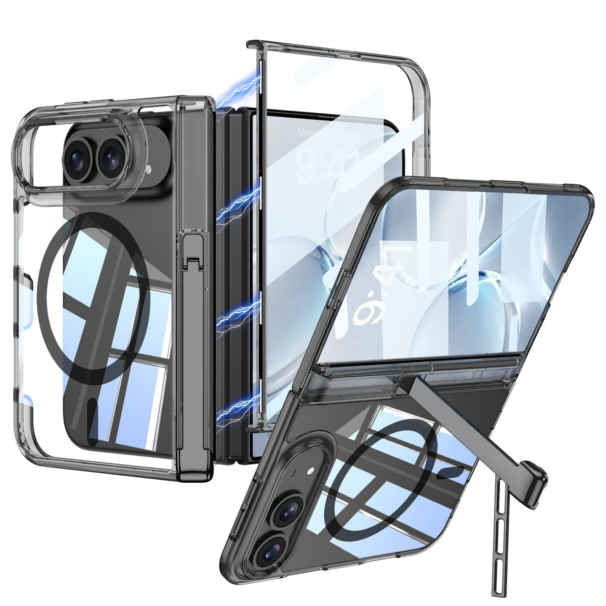 iPhone Duo - Magnetic Hinge Protection Clear Cover Built-in Tempered Glass Film & Tri‑Fold Kickstand & Magnetic Ring