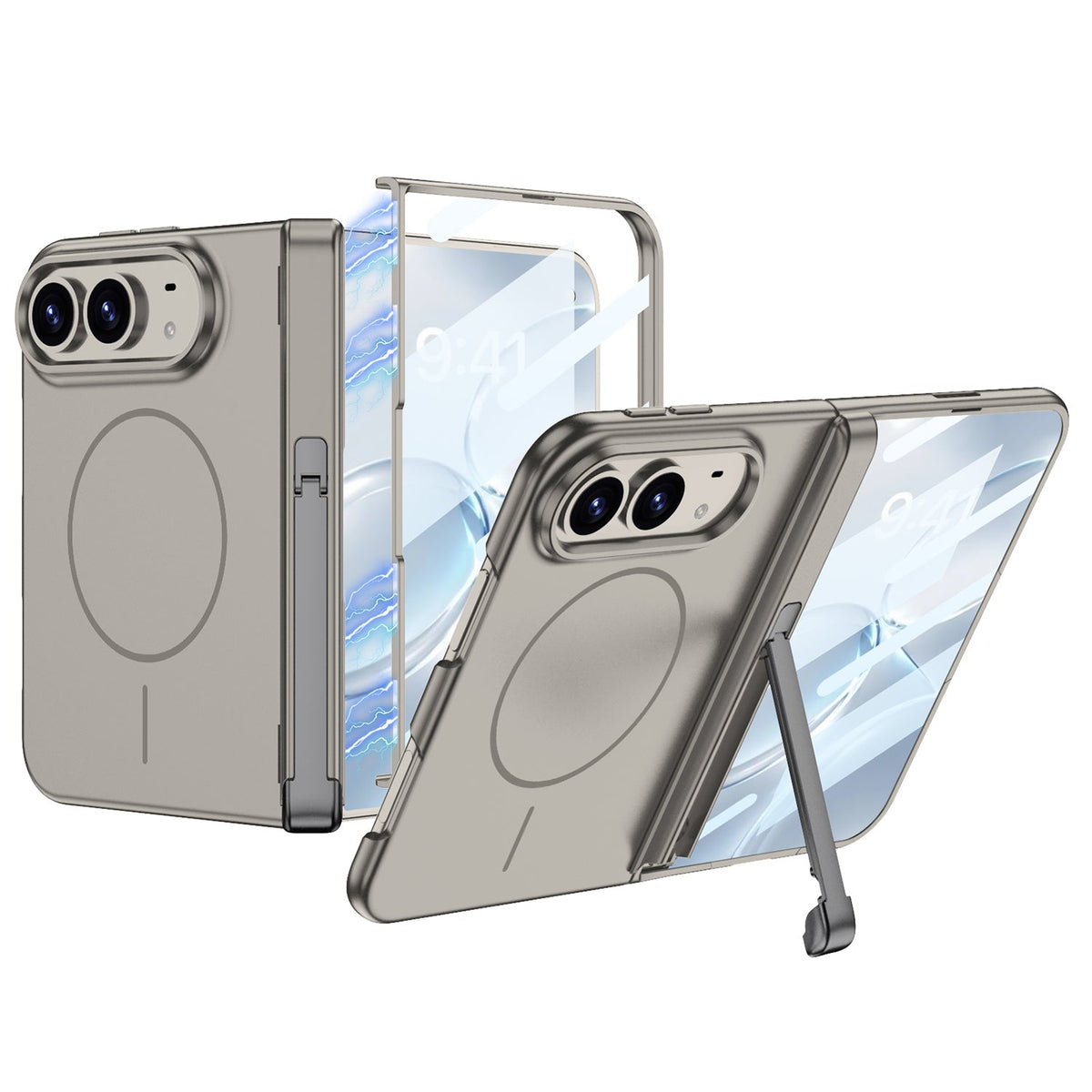 iPhone Duo - Magnetic Hinge Protection Fashion Cover Built-in Tempered Glass Film & Tri‑Fold Kickstand & Magnetic Ring