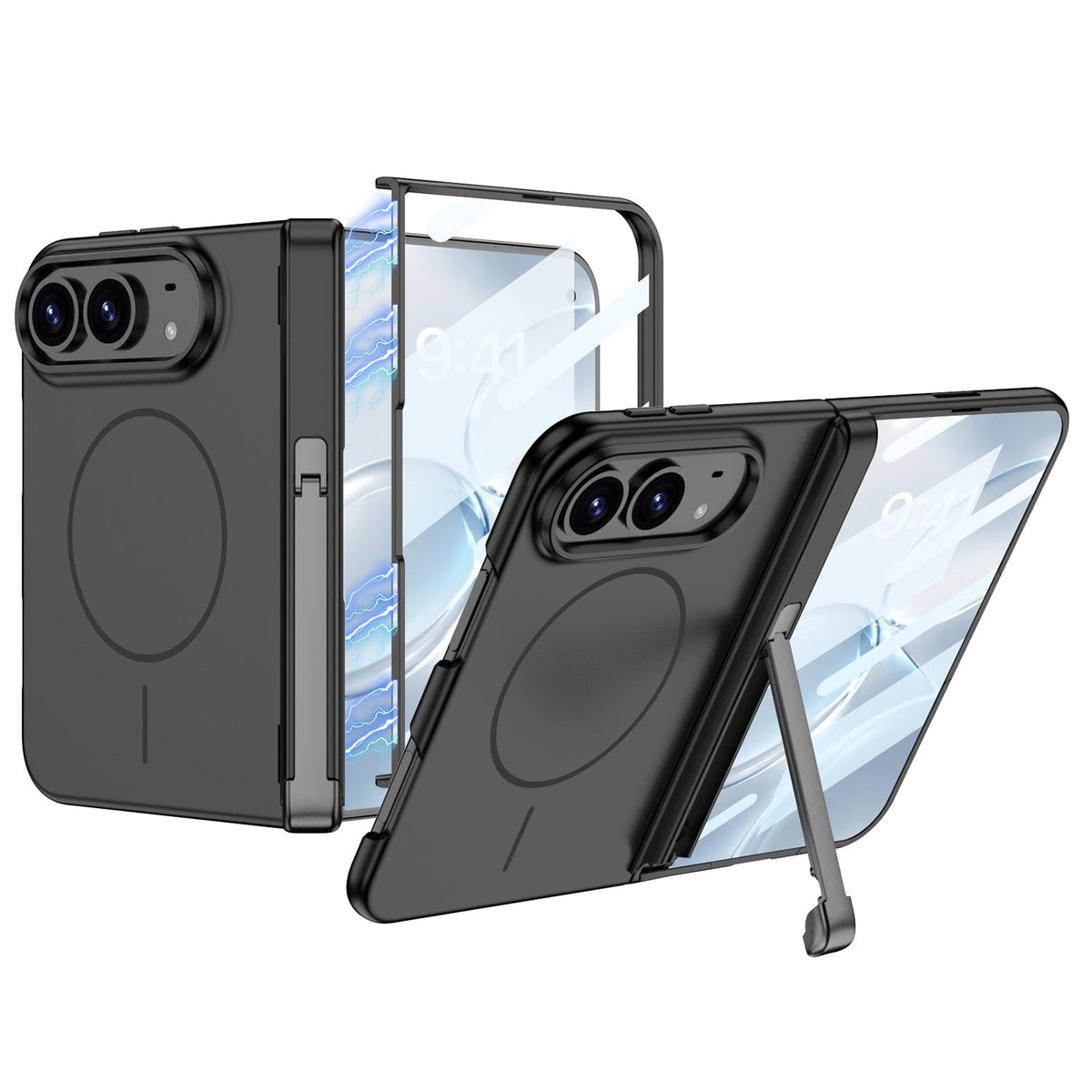 iPhone Duo - Magnetic Hinge Protection Fashion Cover Built-in Tempered Glass Film & Tri‑Fold Kickstand & Magnetic Ring
