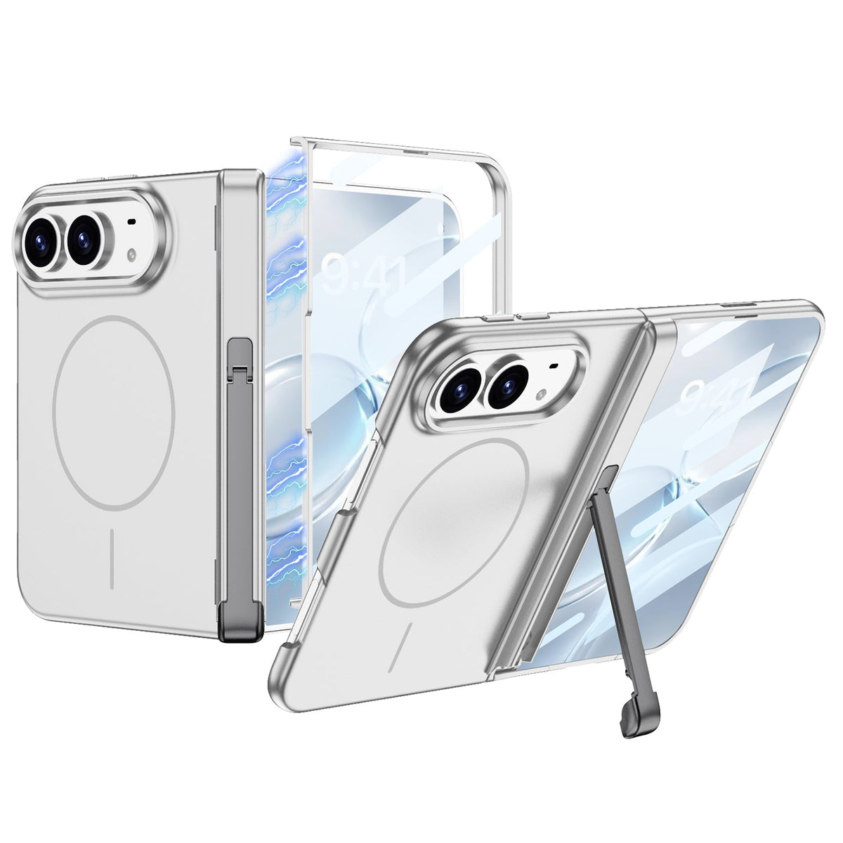 iPhone Duo - Magnetic Hinge Protection Fashion Cover Built-in Tempered Glass Film & Tri‑Fold Kickstand & Magnetic Ring