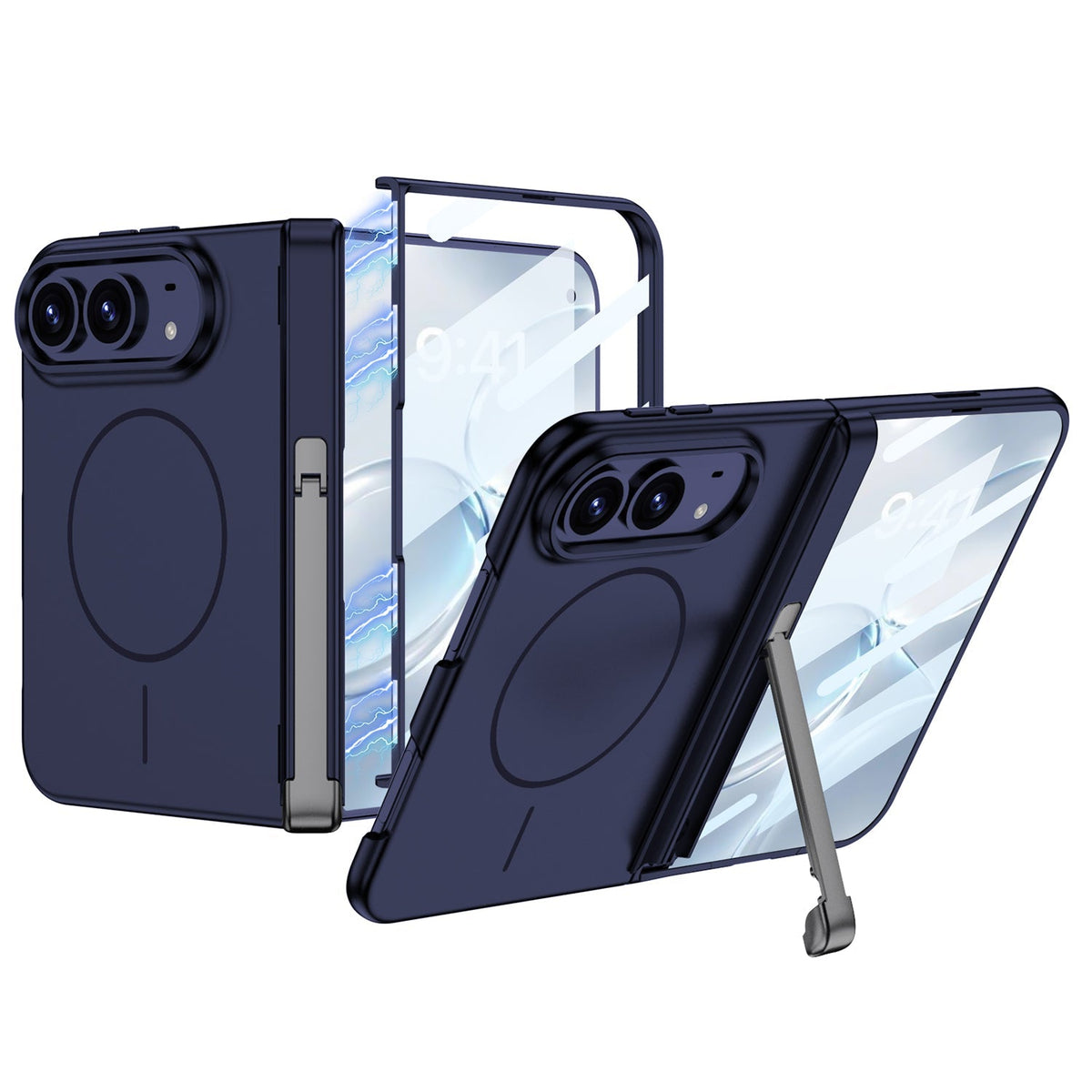 iPhone Duo - Magnetic Hinge Protection Fashion Cover Built-in Tempered Glass Film & Tri‑Fold Kickstand & Magnetic Ring
