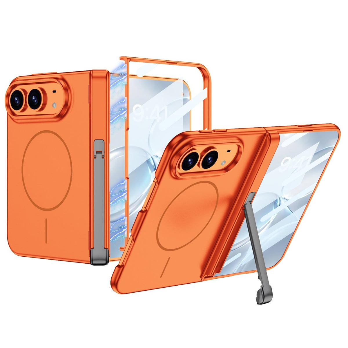 iPhone Duo - Magnetic Hinge Protection Fashion Cover Built-in Tempered Glass Film & Tri‑Fold Kickstand & Magnetic Ring