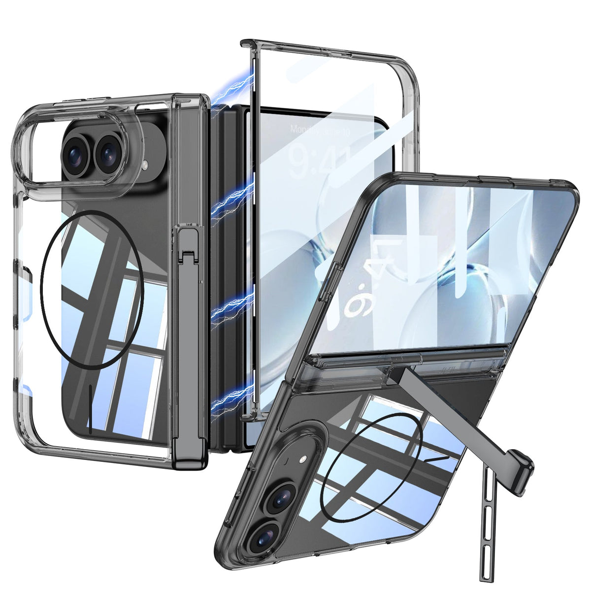 iPhone Duo - Magnetic Hinge Protection Clear Cover Built-in Tempered Glass Film & Tri‑Fold Kickstand & Magnetic Ring