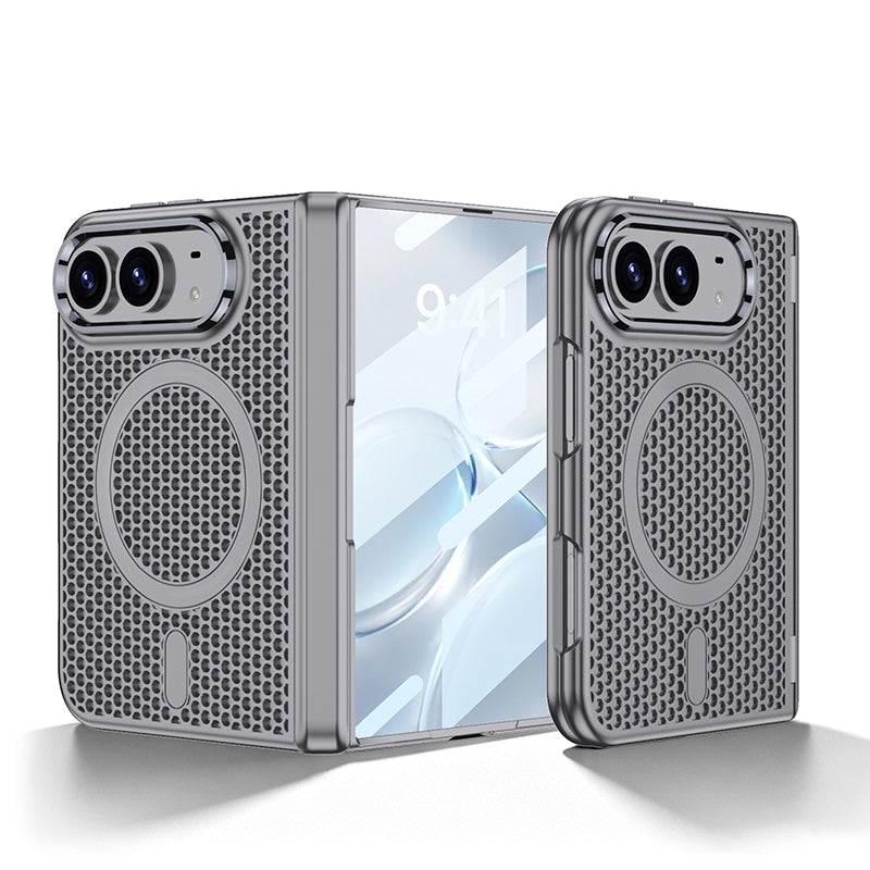 iPhone Duo - Magnetic Hinge Protection Honeycomb‑Mesh Cooling Cover Built-in Tempered Glass Film & Magnetic Ring