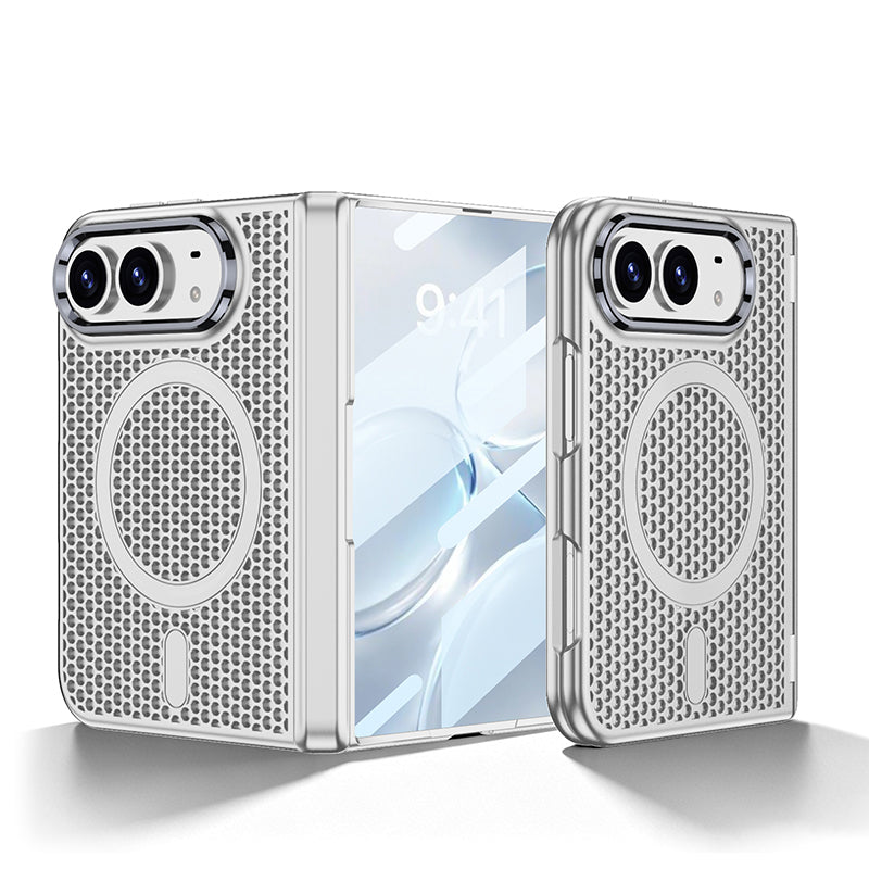 iPhone Duo - Magnetic Hinge Protection Honeycomb‑Mesh Cooling Cover Built-in Tempered Glass Film & Magnetic Ring
