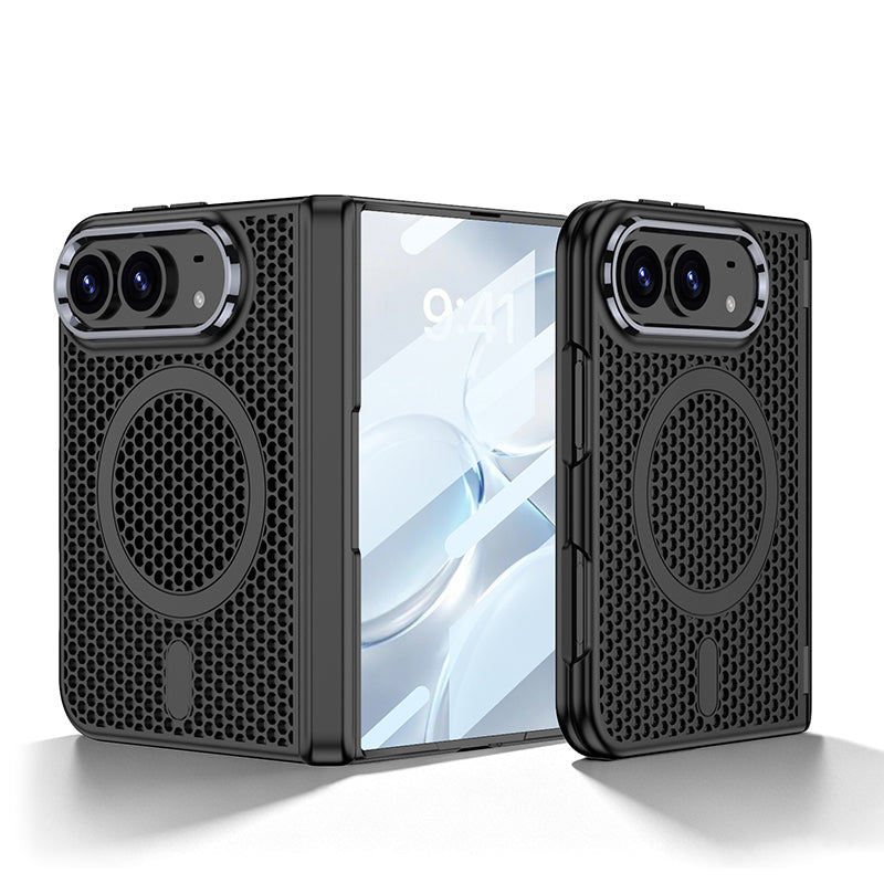 iPhone Duo - Magnetic Hinge Protection Honeycomb‑Mesh Cooling Cover Built-in Tempered Glass Film & Magnetic Ring