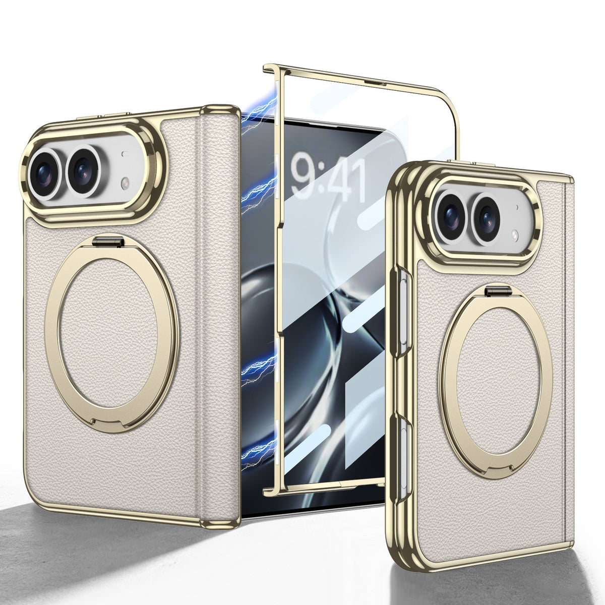 iPhone Duo - Golden Plating Leather Cover Built-in Tempered Glass Screen & Magnetic Bracket