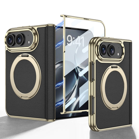 iPhone Duo - Golden Plating Leather Cover Built-in Tempered Glass Screen & Magnetic Bracket