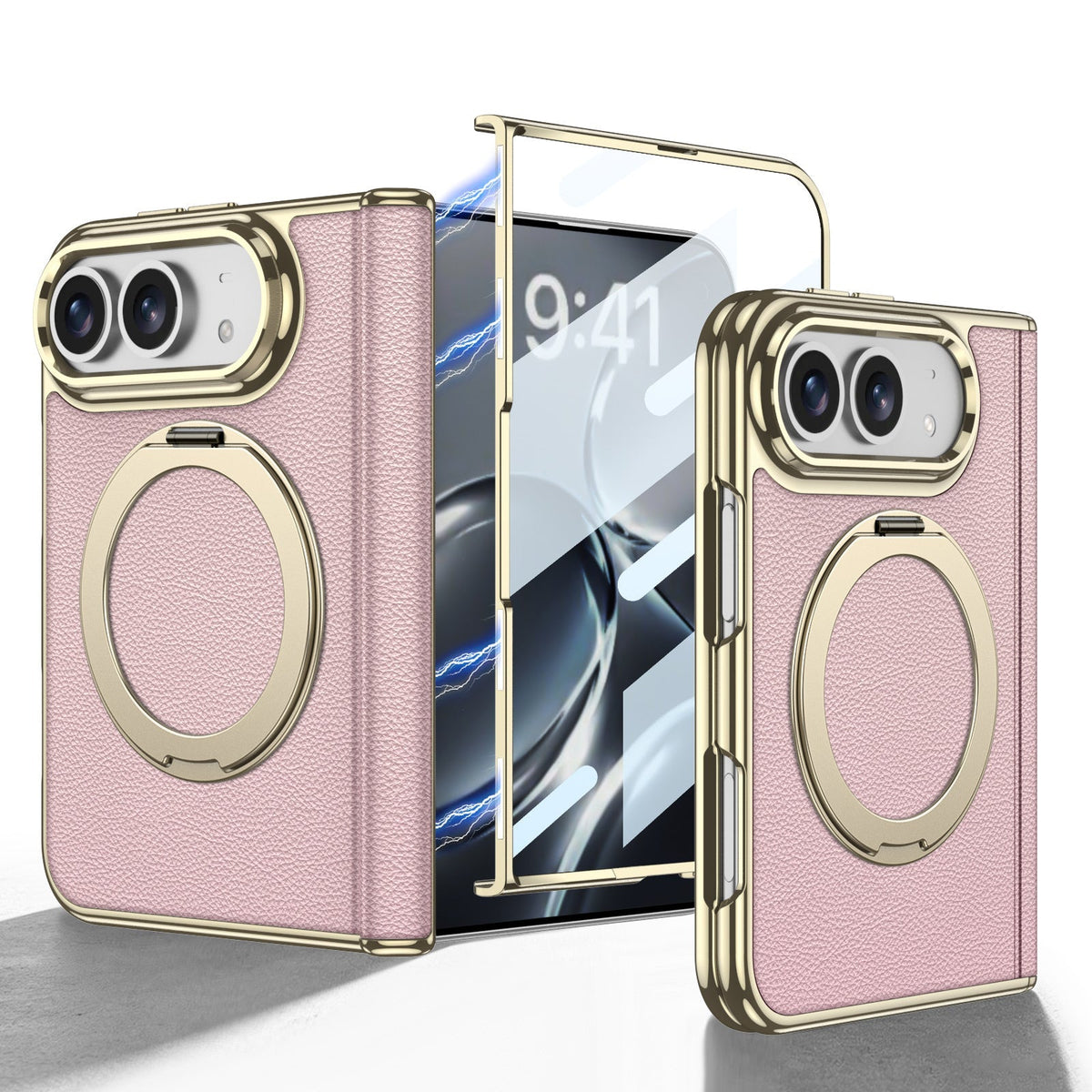 iPhone Duo - Golden Plating Leather Cover Built-in Tempered Glass Screen & Magnetic Bracket