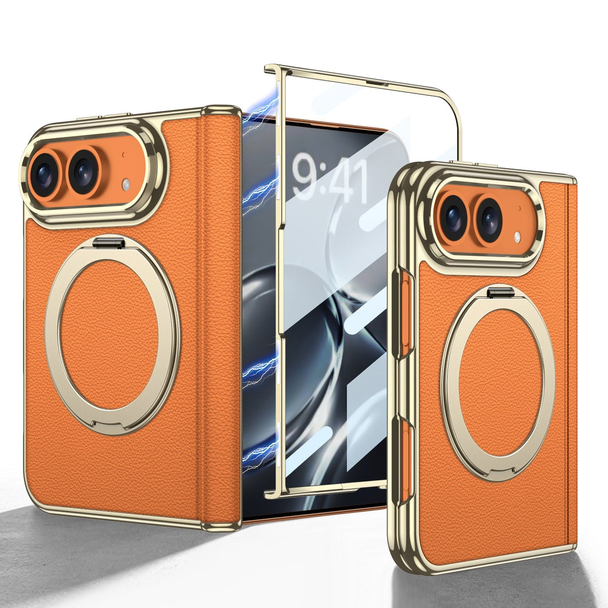 iPhone Duo - Golden Plating Leather Cover Built-in Tempered Glass Screen & Magnetic Bracket