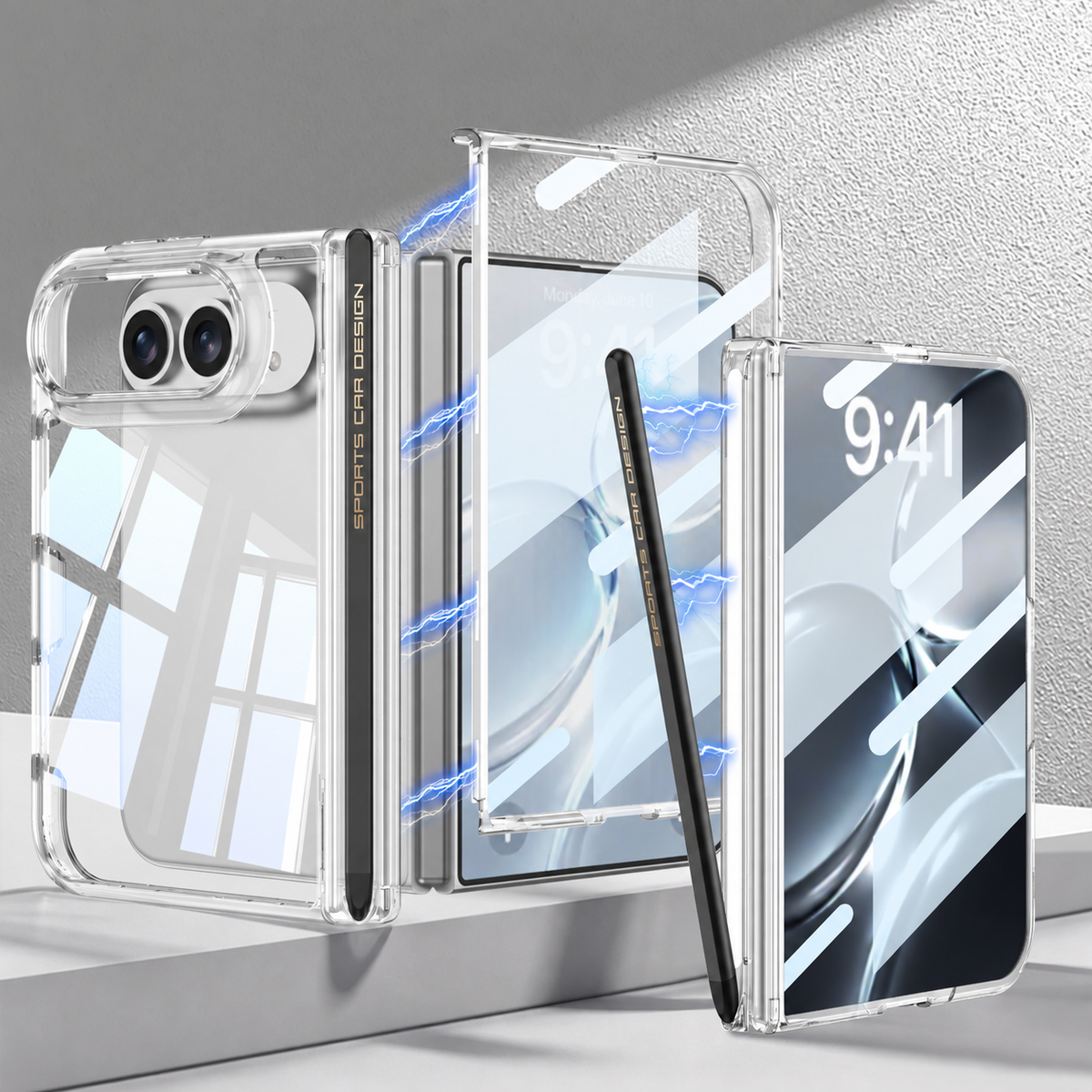 iPhone Duo - Magnetic Hinge Protection Clear Cover Built-in Tempered Glass Film & Magnetic Stylus