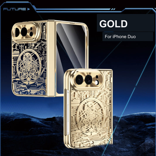 iPhone Duo | Mechanical-Pattern Case with Hinge Protection & Tempered Glass
