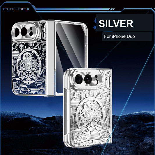 iPhone Duo | Mechanical-Pattern Case with Hinge Protection & Tempered Glass
