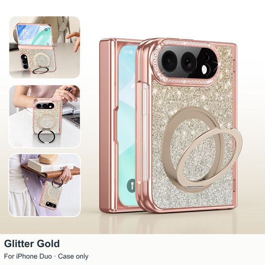 iPhone Duo | Glitter Magnetic Case with 360° Ring Stand & Glass Front