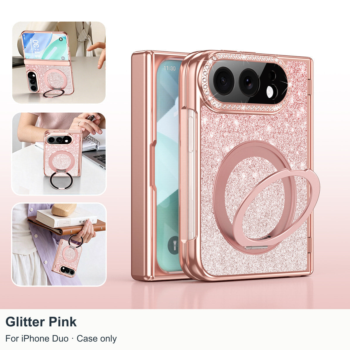 iPhone Duo | Glitter Magnetic Case with 360° Ring Stand & Glass Front