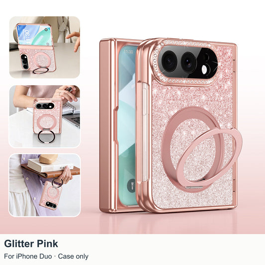 iPhone Duo | Glitter Magnetic Case with 360° Ring Stand & Glass Front