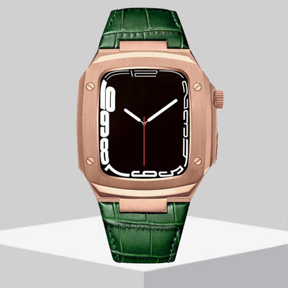 Luxury Metal Case Leather Strap For Apple Watch Series 44/45 mm - Mycasety Mycasety