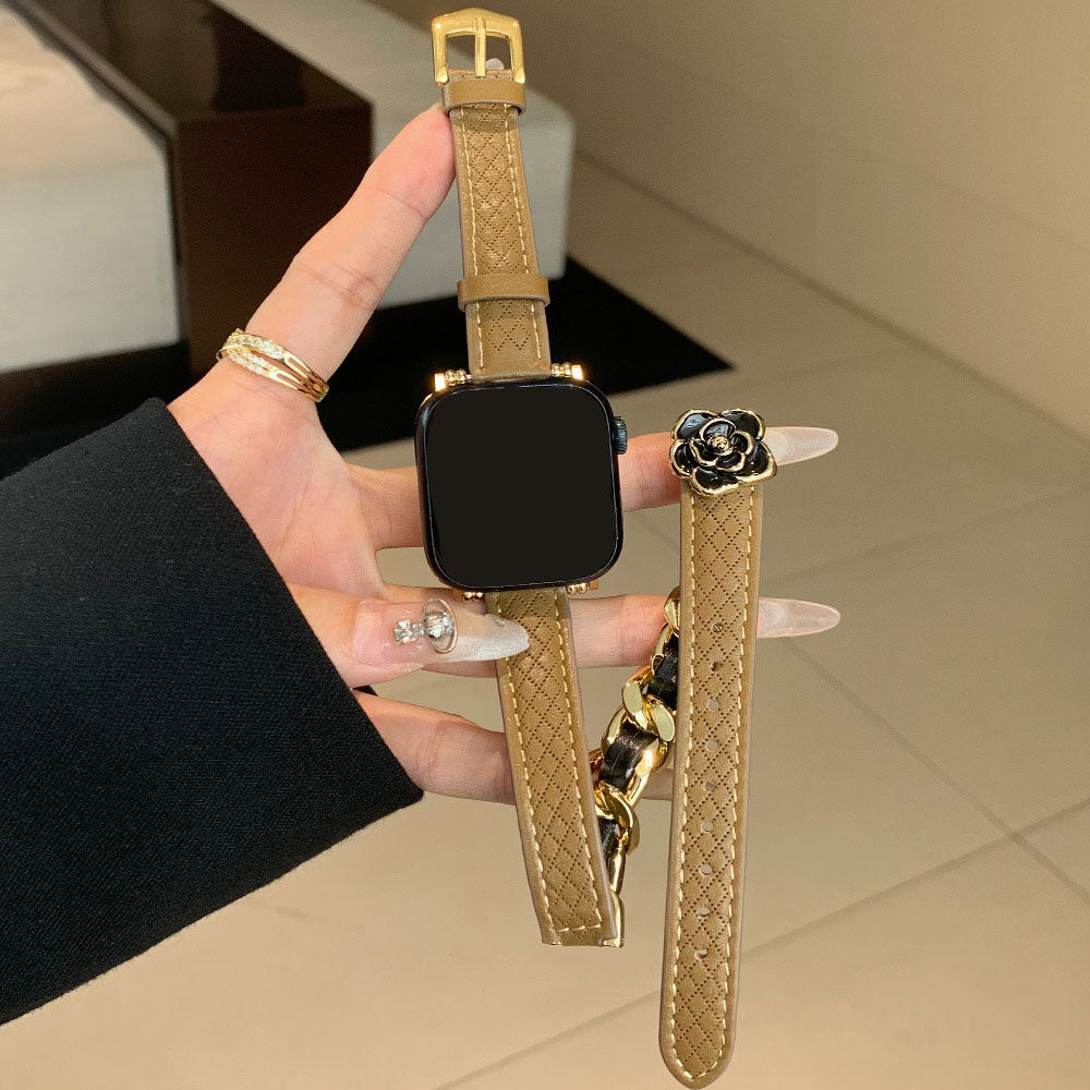 Camellia Double Ring Rhombus Leather Apple Watch Band