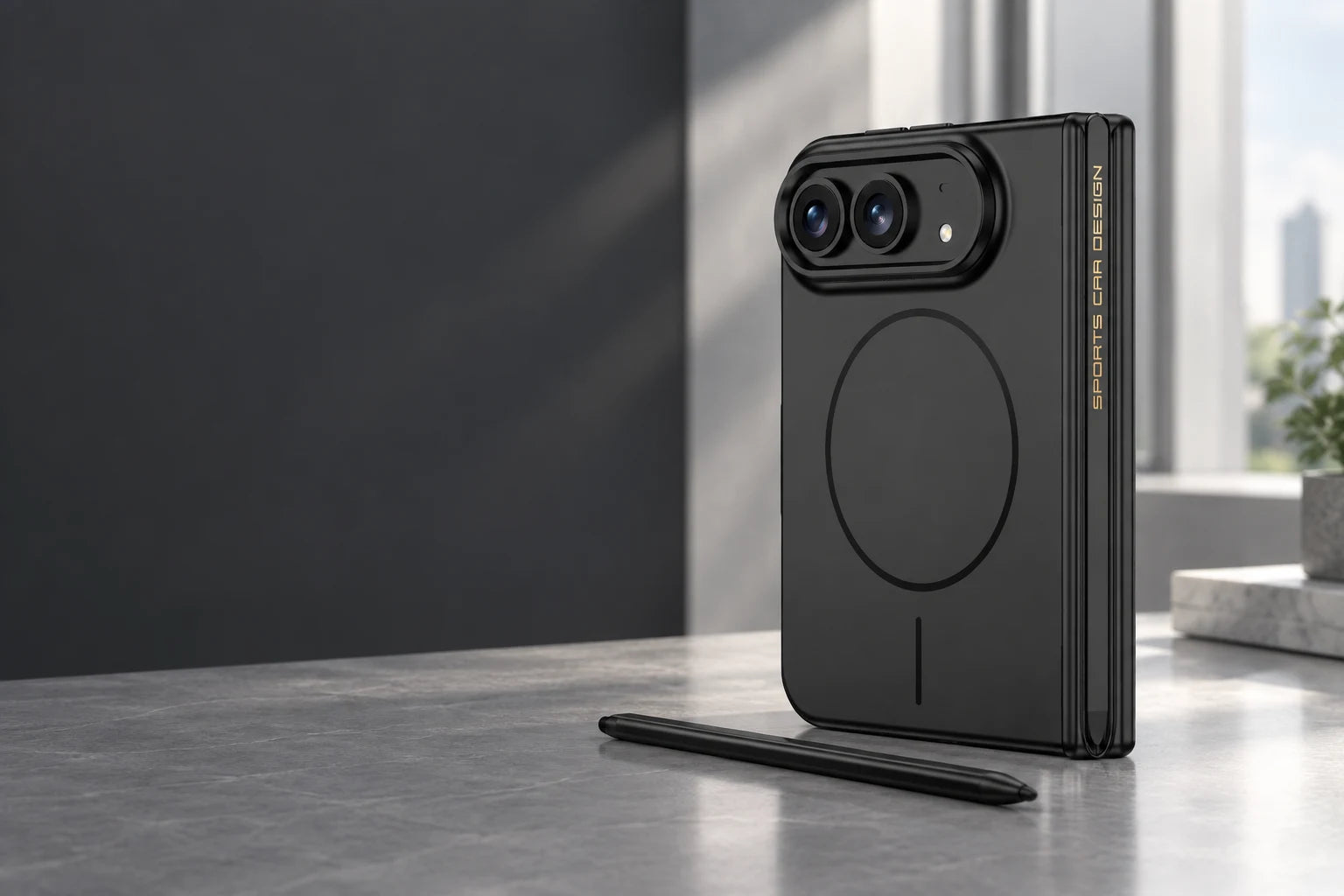 Black Magnetic Stylus case in a decorative studio setting